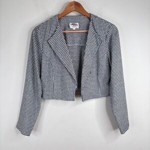 VTG Lanz Plaid Blazer S Navy Gingham Cropped Open Front Retro 90s Preppy Twee